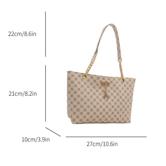 ⚠️Clearance Patterned Chain Shoulder Tote Bag Elegant Cream Designer Gold Accent - Picture 3 of 9